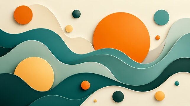 Abstract background with teal waves and orange circles, layered shapes