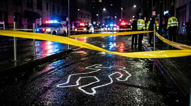 Crime scene with chalk body outline and yellow police tape on a wet city street at night.