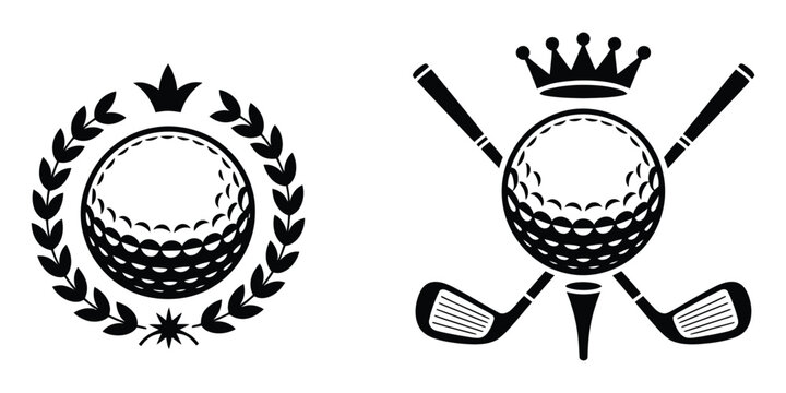 Victorious sports emblems featuring two crowned golf ball designs with laurel wreath and crossed clubs for championship badges, trophies, golf awards, and victory, vector
