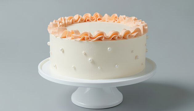 Cake white cake with peach frosting on cake stand sugar pearls
