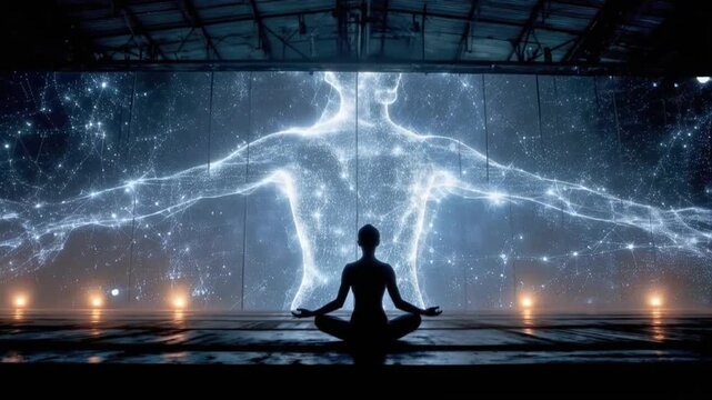 A silhouette meditates in a lotus pose, bathed in the ethereal glow of a vast, luminous cosmic human form projected behind it. ..Created with Generative AI, not depicting real subjects.