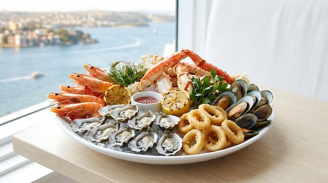 Fresh seafood platter with crab legs shrimp oysters and calamari served on ice. Sydney seafood platte