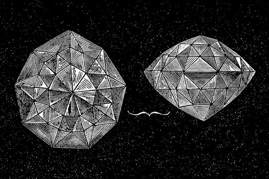 Diamond with geometric facets on starry black background, gemstone, old vintage illustration, 1894.