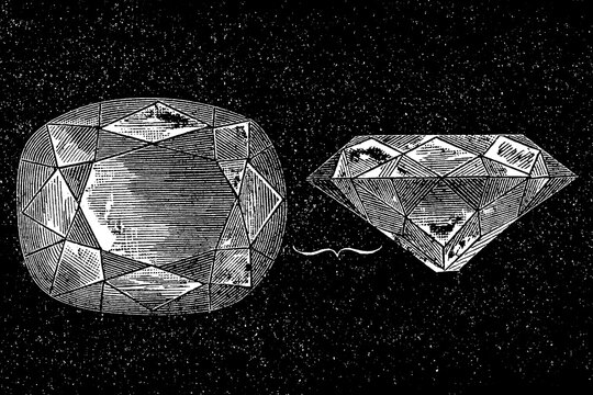 Diamond, raw and polished forms with bracket and starry background, old vintage illustration, 1894.