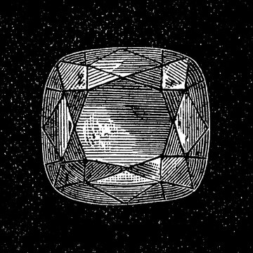 Diamond with geometric facets and speckled background, gemstone, old vintage illustration, 1894.