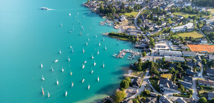 Aerial View of St. Gilgen on Lake Wolfgang with Sailing Boats in the Salzkammergut, Austria	