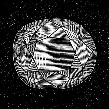 Diamond with geometric facets and starry background, gemstone, old vintage illustration, 1894.