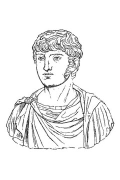 Roman bust of Britannicus with curly hair, dressed in detailed draped garments, showcasing classic ancient style and expression, old vintage illustration, 1894.