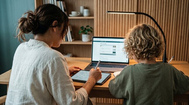 Mother helping son with homeschooling using laptop and tablet at home.