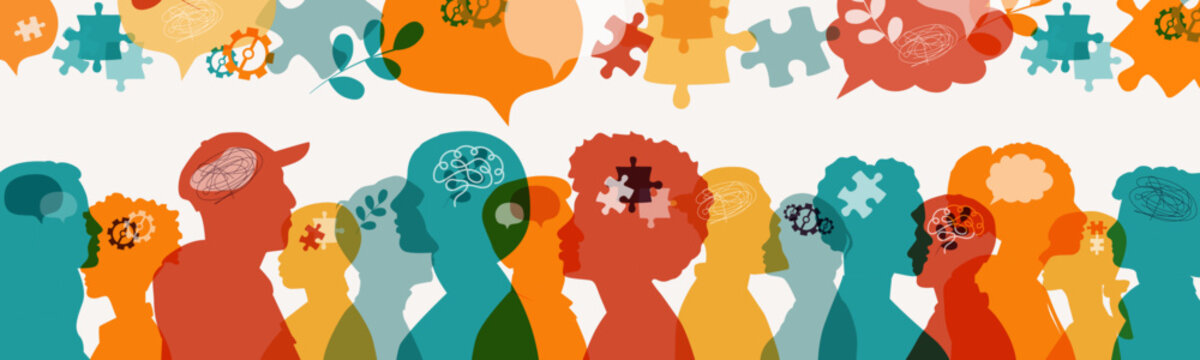Silhouettes of different people standing together. Colorful banner with the concept of mental health. People who have different things on their minds.