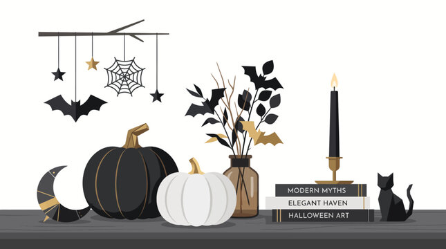 Minimalist Halloween still life with black and white pumpkins elegant candle and hanging paper bats in modern vector style