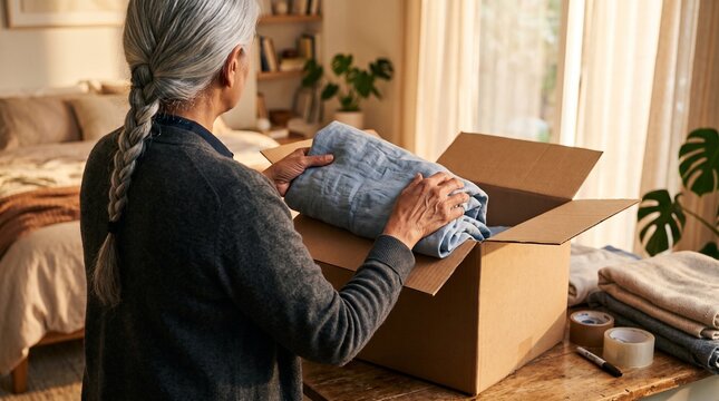 Senior woman packing folded clothes into a cardboard box at home.