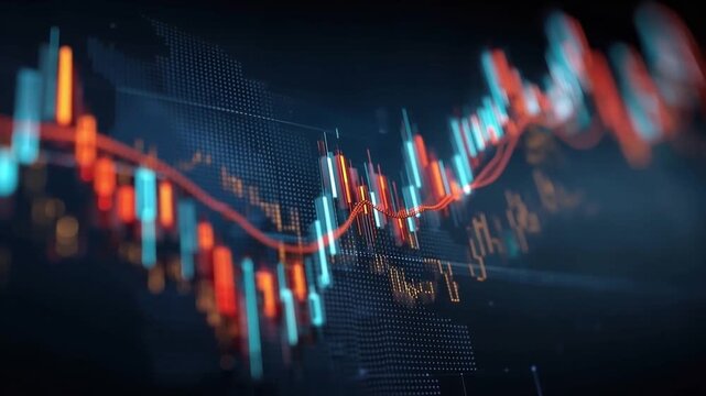Abstract stock market trading graph with candlesticks and moving average line in red and blue colors on a dark background. ..Created with Generative AI, not depicting real subjects.