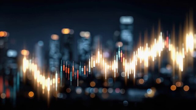 A glowing stock market graph line illuminates the nighttime cityscape. ..Created with Generative AI, not depicting real subjects.