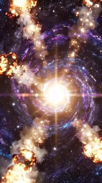 Cosmic Vortex with Fiery Explosions - A mesmerizing celestial convergence unfolds as a swirling vortex of cosmic energy pulls in bright, energetic flares.