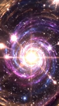 Swirling Cosmic Vortex with Energetic Flares - A vibrant, swirling vortex of cosmic energy dominates the frame, with bright flares and countless stars scattered across the deep space background.