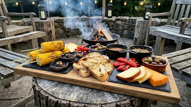 Delicious food platter with corn and bread served outdoors by a cozy evening fire pit. smoky appetizer display