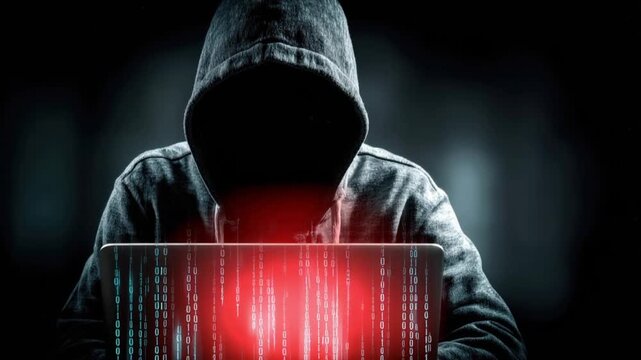 A faceless hacker wearing a dark hoodie sits in front of a glowing laptop, displaying red lines of code. ..Created with Generative AI, not depicting real subjects.