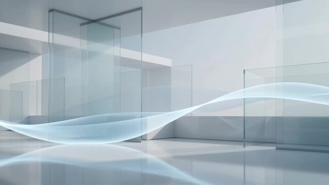 Abstract Modern Interior Architecture with Transparent Glass Panels and Futuristic Flowing Blue Energy Wave in Minimalist White Room Background