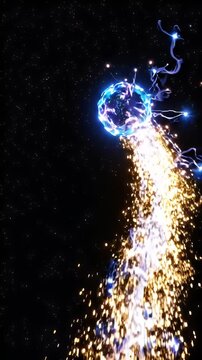 Luminous Energy Sphere with Trail - A glowing blue sphere emits a bright, energetic trail of sparks against a dark, starry background.
