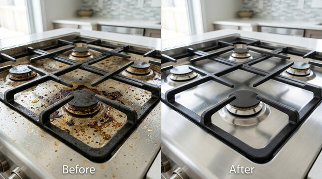 Before and After Kitchen Stove Cleaning: Dirty vs Sparkling Clean Gas Cooktop