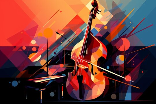 Abstract double bass creating music with vibrant geometric shapes and dynamic lines
