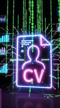 Neon CV Profile Icon with Digital Data Background - A glowing neon outline of a CV profile icon with a silhouette of a person and the letters CV is displayed against a dark background filled with
