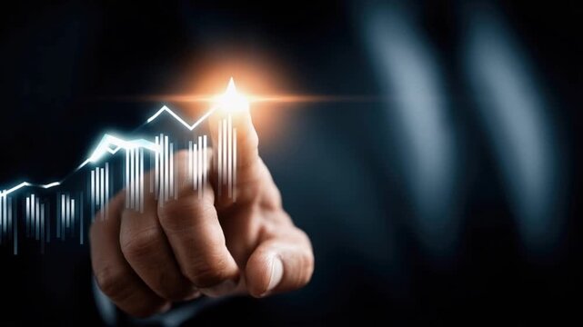 A hand touches a glowing upward trending stock market graph, symbolizing growth, profit. ..Created with Generative AI, not depicting real subjects.