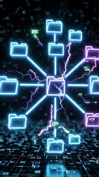 Neon File Sharing Network Animation - A dynamic animation depicts a glowing neon network of folders interconnected with electric sparks.