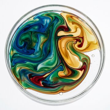 Colorful liquid dye swirl pattern inside clear glass petri dish
