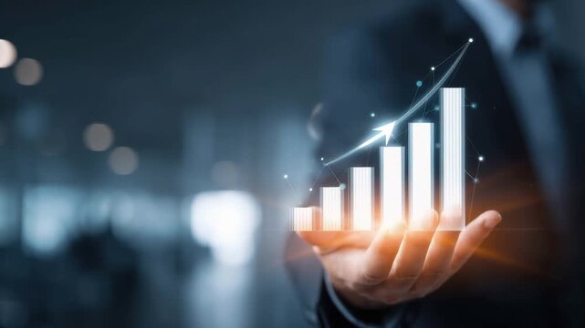 A businessman in a suit holds a glowing infographic displaying a successful growth chart, symbolizing progress and positive financial trends. ..Created with Generative AI, not depicting real subjects.