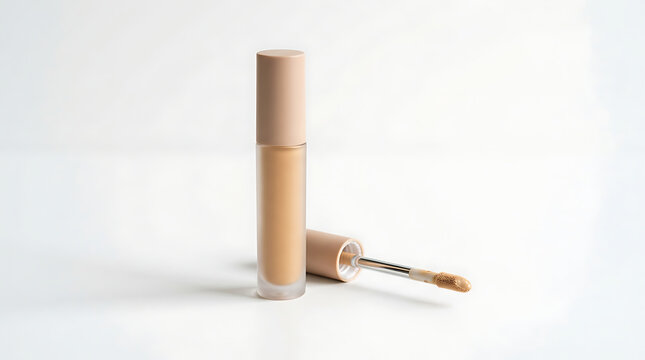 Liquid concealer tube with applicator wand on white background for beauty and makeup ads