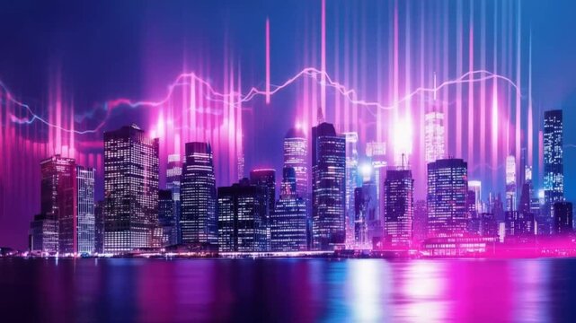 Futuristic cityscape at night, illuminated by vibrant neon lights and digital data streams. ..Created with Generative AI, not depicting real subjects.