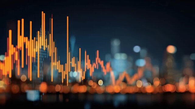 A glowing orange stock market graph displays fluctuating data against a blurred, illuminated cityscape at night. ..Created with Generative AI, not depicting real subjects.