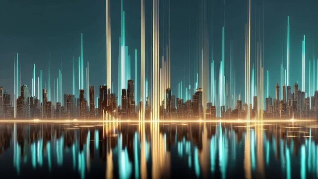A futuristic cityscape illuminated by glowing vertical light beams reflecting on calm water. ..Created with Generative AI, not depicting real subjects.