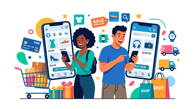 Diverse couple using mobile apps for online shopping with vibrant retail icons and fast delivery services in flat vector style