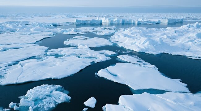 Vast arctic expanse with dark water channels weaving through floating ice floes
