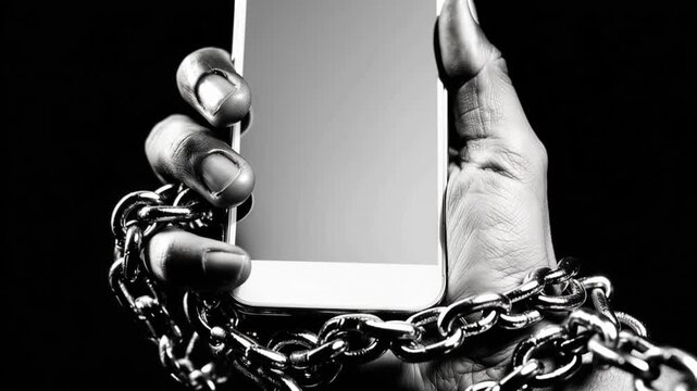 A hand clutches a smartphone, entangled in heavy chains, symbolizing digital addiction and the loss of freedom in the modern age. ..Created with Generative AI, not depicting real subjects.