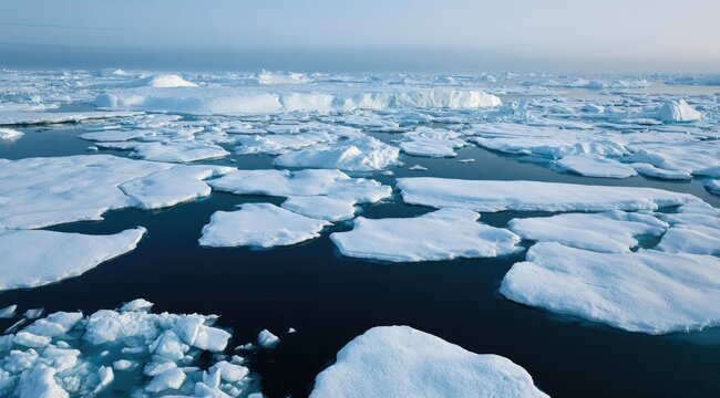 Vast polar expanse of fragmented ice floes adrift in dark, still Arctic waters