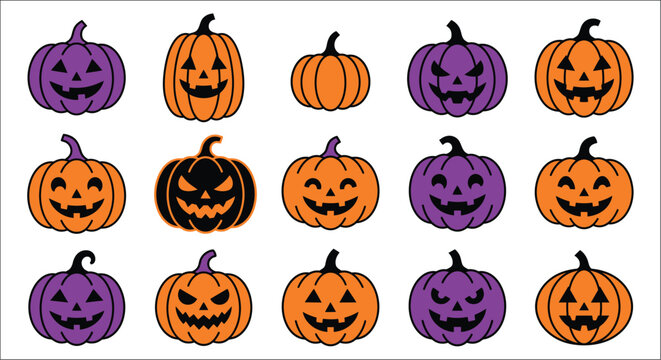 Assorted jack o lanterns form a colorful vector pattern against a white background autumn carved celebration citrouille