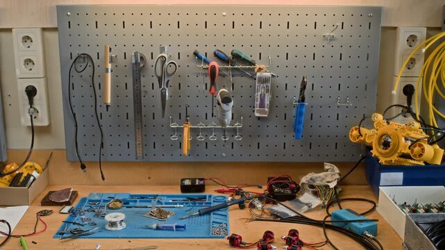 Robotics workshop table with tools and electronic components being revealed by slow zoom out. Clip is perfect for STEM education, engineering, and DIY technology marketing campaigns
