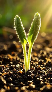 Young Green Sprout Growing in Dark Soil with Morning Dew - A close-up shot shows a small green sprout with two vibrant leaves emerging from dark, rich soil.