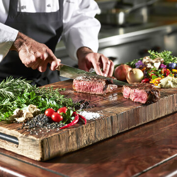 Chef Slicing Juicy Medium Rare Steak &ndash; AI Generative