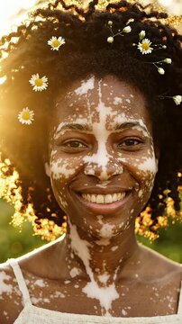 Young Black Woman Natural Beauty Portrait with Vitiligo - A smiling young Black woman with vitiligo is captured in a natural beauty portrait, adorned with small white flowers in her curly hair.