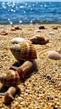 Snails Crawling on Sandy Beach Near Ocean Waves - A close-up view of several snails with patterned shells slowly moving across a textured sandy beach.