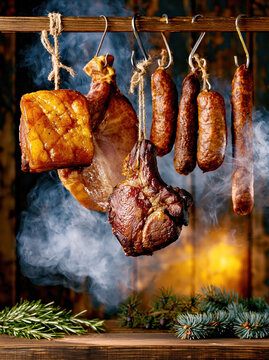 Traditional Smoked Meats Hanging in Rustic Smokehouse &ndash; AI Generative