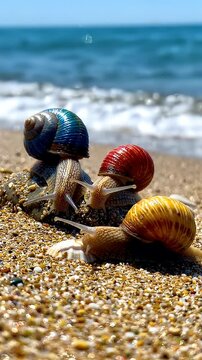 Colorful Snails on Sandy Beach with Ocean Waves - Several snails with vibrantly colored shells slowly navigate across a sandy beach.