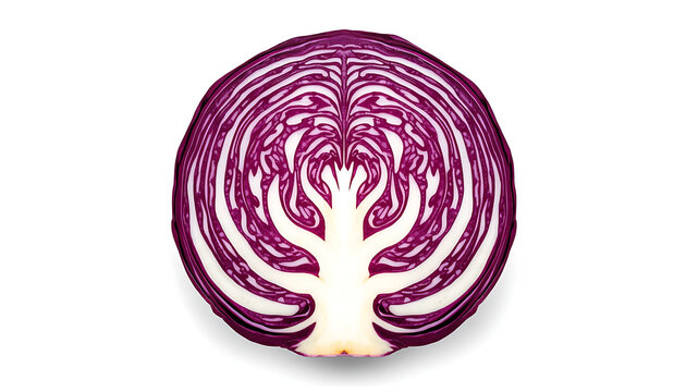 The image shows a cross-section of a fresh red cabbage with a symmetrical, tree-like vein structure and deep purple leaves