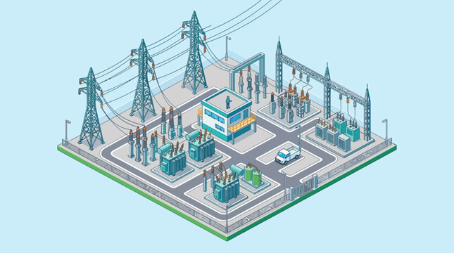 Isometric Electrical Substation Illustration with Power Transformers and High-Voltage Grid