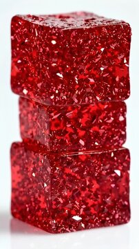 Stack of Red Crystalline Gelatin Cubes - Three shiny red gelatin cubes are stacked vertically against a white background.